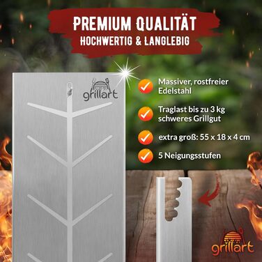 Grillart® XXL Преміум дошка для лосося з нержавіючої сталі – поворотна на 180° та з 5-позиційним регулюванням – для гриля та вогнища – міцна фурнітура для гриля – 55 см завдовжки та 18 см завширшки