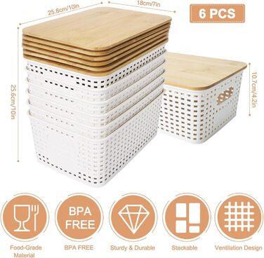 UHAPEER Storage Box with Bamboo Lid, 6 Piece Storage Basket, Plastic Basket Storage, Kitchen Organizer White, Stackable Storage Boxes, Box with Lid 25.6 x 18 x 10.7 cm