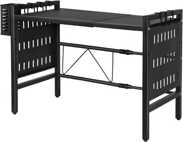 Поличка для мікрохвильової печі 3-рівнева, органайзер з гачками, розширювана, висувна (40-64см), з вуглецевої сталі (чорна, з перфорованим листком, 42-68*36*46см)