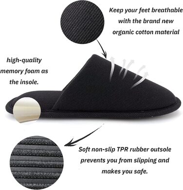 Чоловічі халапи з бавовни ofoot, зручні, з піною Memory Foam, для дому, плоскі, можна прати, Slip on, 41/42 EU, чорні