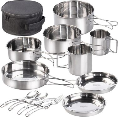 Набір для кемпінгу Semptec Urban Survival Technology: 12-ти частинний набір посуду з нержавіючої сталі з посудом, столовими приборами та сумкою (каструлі, набір посуду, газовий набір для кемпінгу)