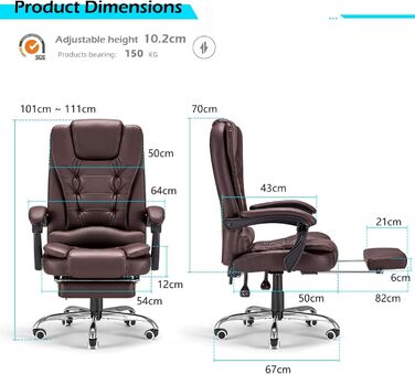 Крісло офісне YODOLLA, 200 кг, ергономічне, з регулюванням нахилу, комп'ютерне, з підніжкою, шкіряне (колір: коричневий)