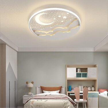 Дитяча LED стельова лампа Зірка і Місяць, акриловий плафон, безступеневе дімування з пультом, ультратонка 6 см, для спальні чи дитсадка, 40 Вт, 40 см, біла