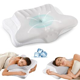 Ергономічна ортопедична подушка для шиї з ефектом пам'яті (Memory Foam) для полегшення болю та підтримки шиї, охолоджуюча подушка для сну, сіро-біла
