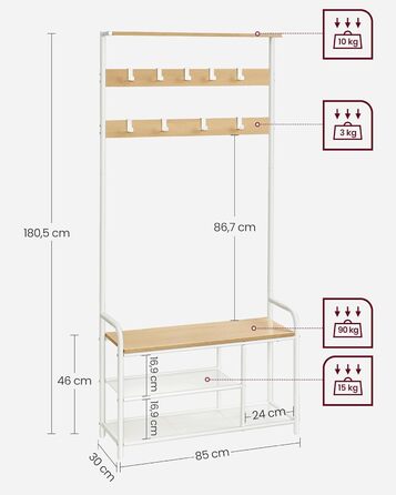 VASAGLE Coat Rack, Wardrobe, Clothes Rack with 9 Hooks, Shoe Bench, Shelf, 30 x 85 x 180.5 cm, for Entryway, Bedroom, Small Apartments, Industrial Design, Vintage Brown-Black HSR409B01 (Oak Color + White)