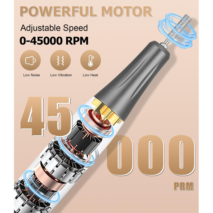 Електрична нігтьова фрезер 45000 RPM з LCD-дисплеєм для манікюру та педикюру, професійна, рожеве золото