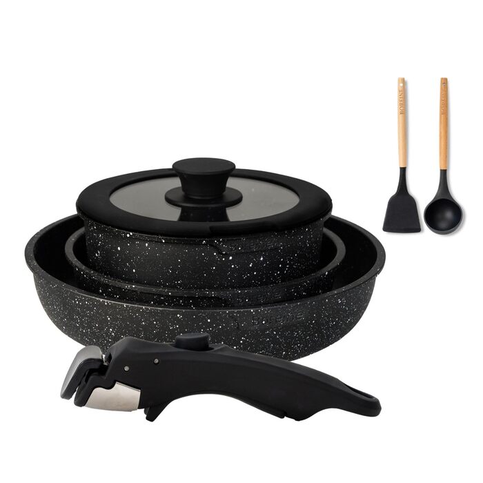 Набір посуду BOREINE 14 предметів: каструлі та сковороди з антипригарним гранітним покриттям (PFOA-free), знімні ручки, для всіх типів плит (індукція, склокераміка, газ, духовка), коричневий