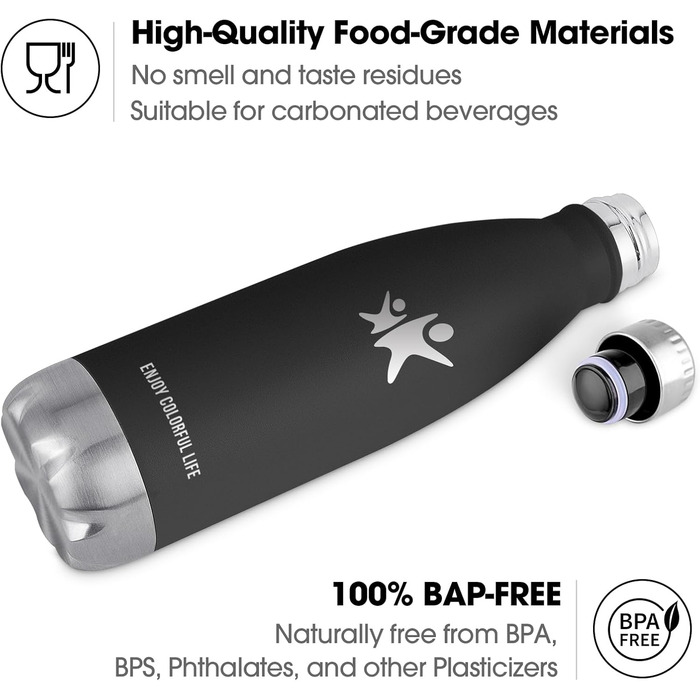 Термос KollyKolla: пляшка для води з нержавіючої сталі 500мл/750мл/1л, не протікає, без BPA, ізоляція, для дітей, спорту, школи, фітнесу, активного відпочинку, кемпінгу, чорний