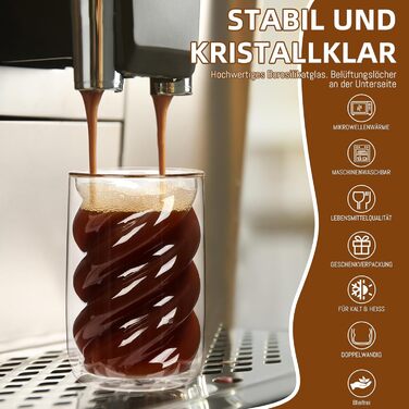 SILRIVES Latte Macchiato Glasses Double-Walled 350ml Set of 4 with 4 Spoons, Borosilicate Glass Coffee Glasses, Insulating, Espresso Cups, Cappuccino Glasses, Iced Coffee, Tea Glasses, Thermos Glasses