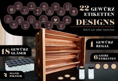 Elegant dark spice rack, wood standing & wall-mounted, 18 spice jars, 25 labels. Spice organizer, spice rack, kitchen shelf, wood, vintage. Spice rack - spice rack system hanging - spice storage (pine wood)
