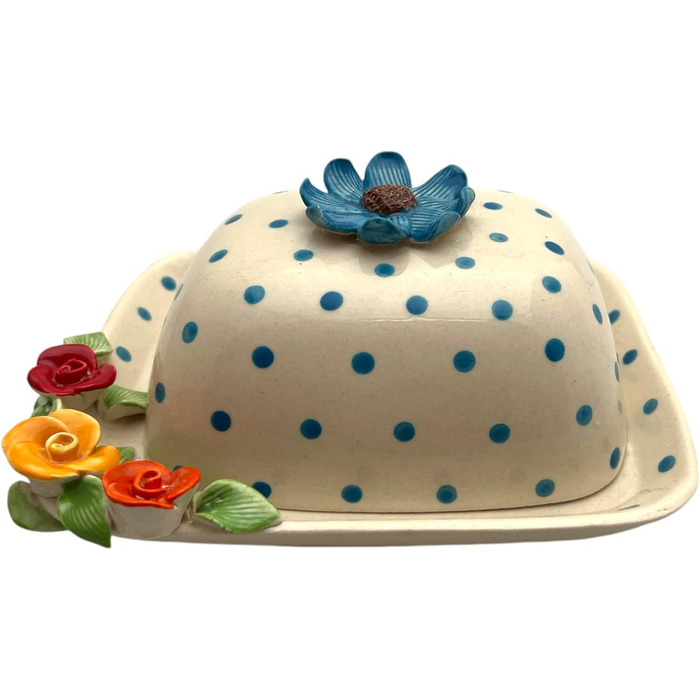 Ceramic Butter Dish with Lid, Colorful, Hand-Painted (dotted blue flower)