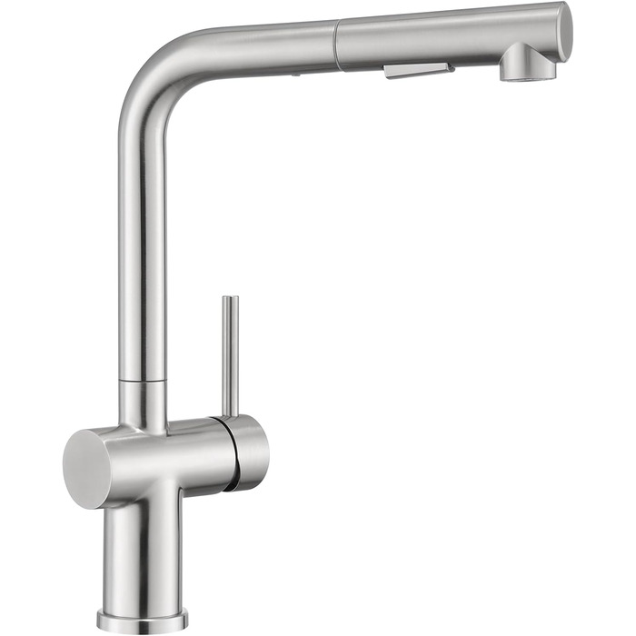 Змішувач кухонний з висувною лійкою, високого тиску, з двома режимами струменя, поворотний на 360°, L-подібний, з нержавіючої сталі (шліфований)