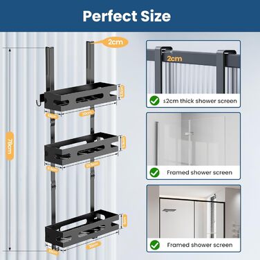 Настінна поличка для душу YEAUPE PRO 3 яруси – органайзер для ванної кімнати без свердління, з 2 присосками, 6 гачками, чорний, до 18 кг