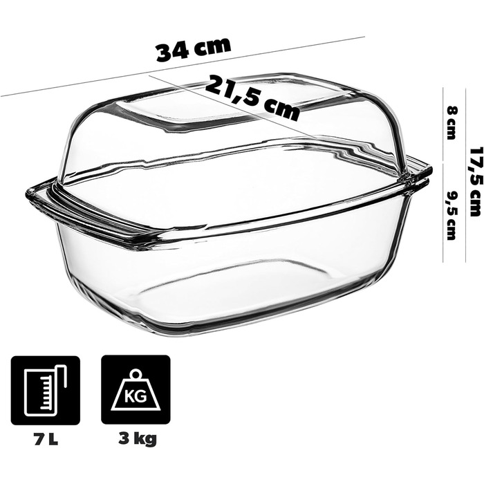 Форма для запікання KADAX 7л зі склокераміки - прямокутна, для лазаньї, овочевих запіканок, м'ясних страв, жароміцна, придатна для миття в посудомийній машині, прозора