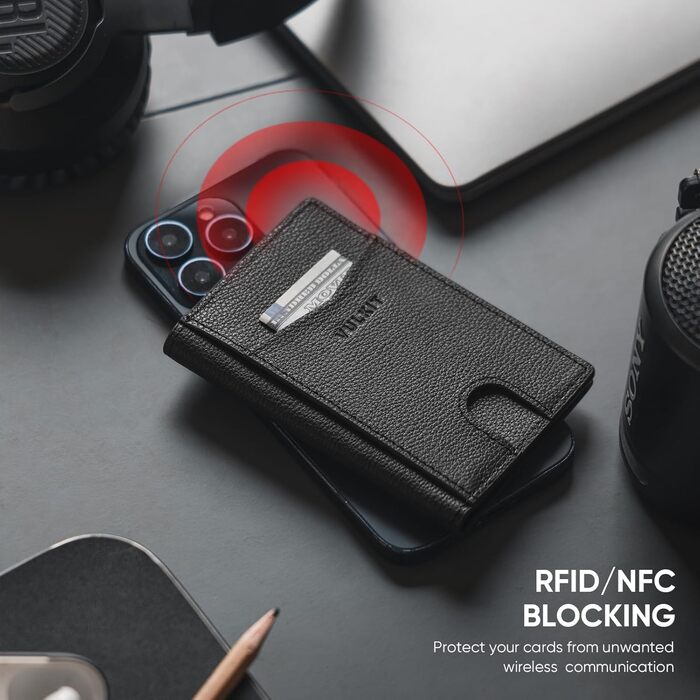 Чоловічий шкіряний картхолдер VULKIT з RFID захистом, чорний (Litchi) - 10 відділень для карт