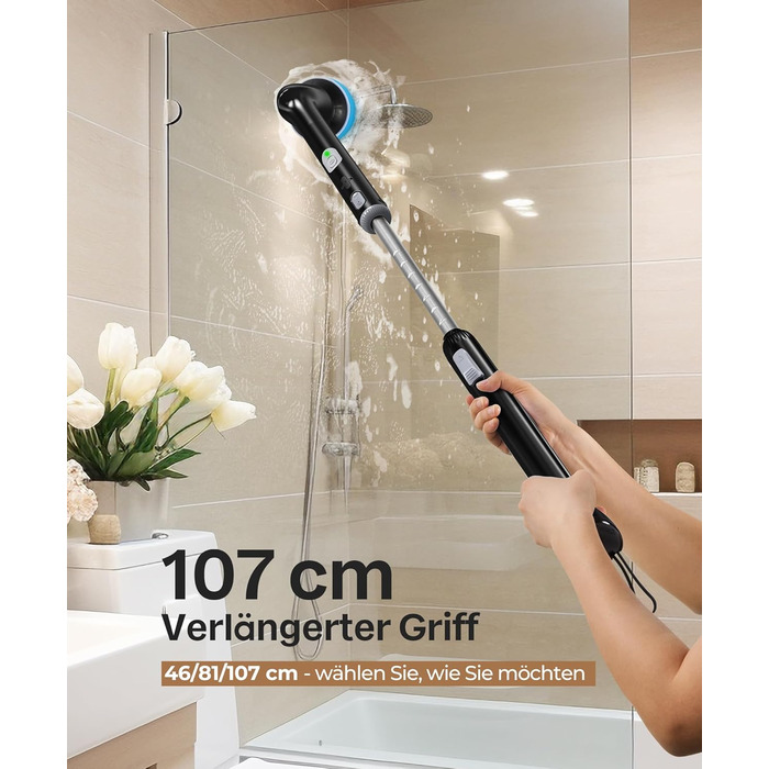 LyriFine Electric Cleaning Brush, New Full-Body IPX7 Waterproof Electric Cleaning Brush, Electric Cleaning Brush for Household Use with Long Handle, 2 Speeds, Replacement Heads for Bathroom (Full Black)