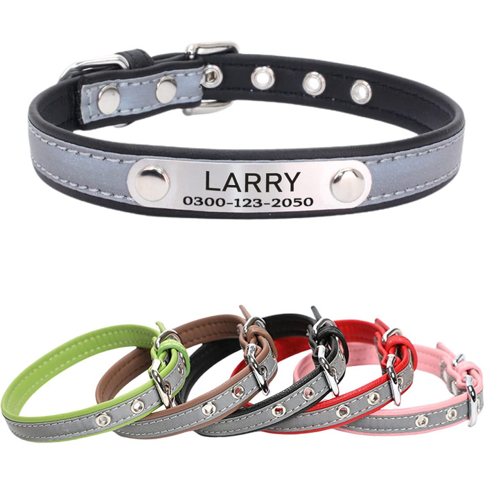 Yonsbox Персоналізоване світловідбиваче відбиваче для собак та котів - Легкий, міцний, з гравіюванням, тихим ID-брелоком та світловідбиваючою ниткою - 6 розмірів (XS–XXL) Чорний M: 29-38 см (підходить для 6-10 кг)