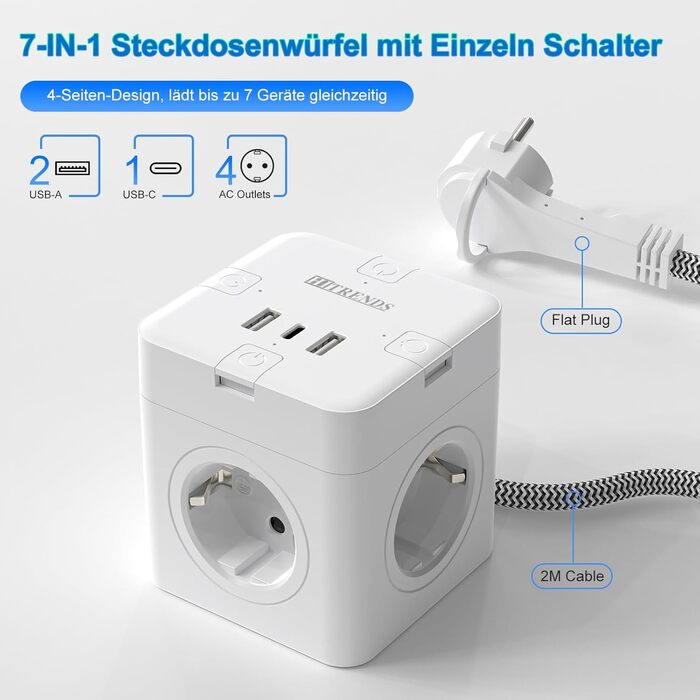 Блок розеток з USB-C, 4 розетки, плоский штекер, індивідуальне вмикання, сплетене кабель 2м для офісу, дому, подорожей - білий