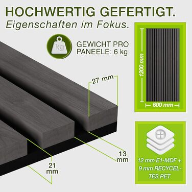 Акустичні панелі TRESKO з дерева 120×60x2,1 см, 2 шт. — 3D стінові ламелі для шумоізоляції, колір Дуб Антрацит, з набором для монтажу та 4 вішаками