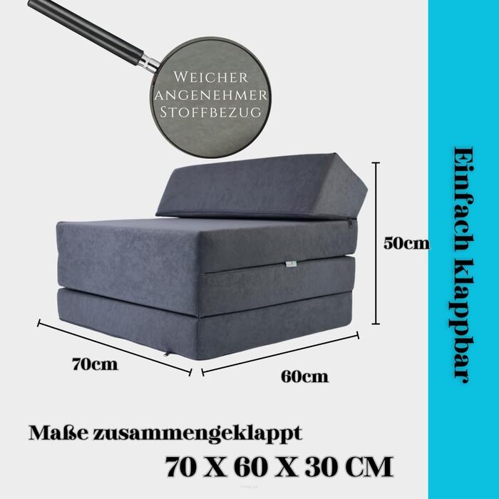 Складний матрац FORTISLINE 200x70x10 см для гостей та кемпінгу, три секції, середня жорсткість H2, знімний чохол, складаний, поролоновий, сірий, для дорослих