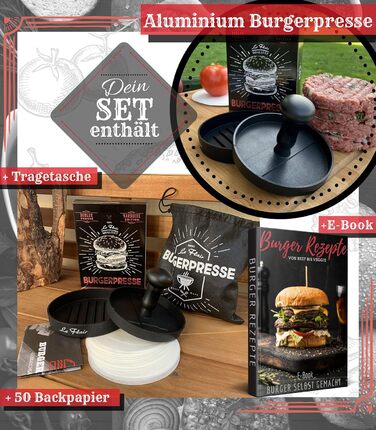 Пресс для бургерів Le Flair® з алюмінію: преміум-якість, з чохлом та 50 аркушами паперу для випікання. Ідеальний подарунок для гриля. Чорний колір.