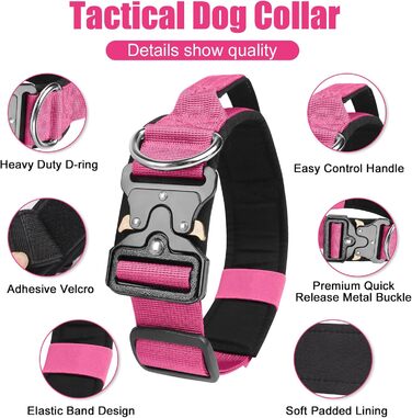 Тактичне обіднє ошейник для собак Ledeak з ручкою, регульований, широке обіднє ошейник з м'якою підкладкою, надійний карабін, для дресирування собак (фіолетовий, рожевий, XL)