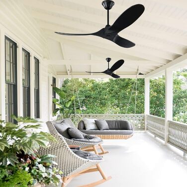 Чорний стельовий вентилятор з дерева (132 см) з пультом керування, тихий, для вологого приміщення