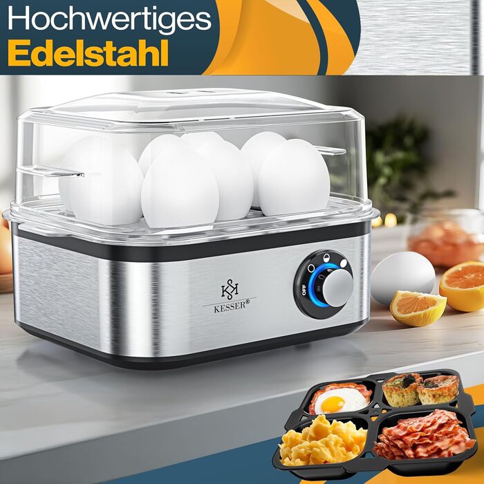 Електричний яйцеварка KESSER® на 1-8 яєць з нержавіючої сталі, 500W, функція підігріву, LED-регулятор, 3 ступені нагріву, BPA-Free, придатний для миття в посудомийній машині, мірна склянка, утримувачі для яєць та форма для омлету, срібно-чорний/срібний