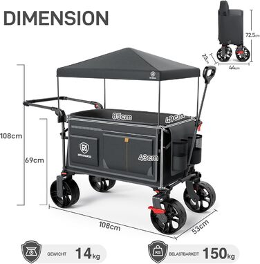 Універсальний складаний візок EVER ADVANCED XXL 225л (до 150кг) з гальмами, дахом, широкими колесами (20x8см) для кемпінгу, пляжу, транспортування речей (Сірий, Великий)