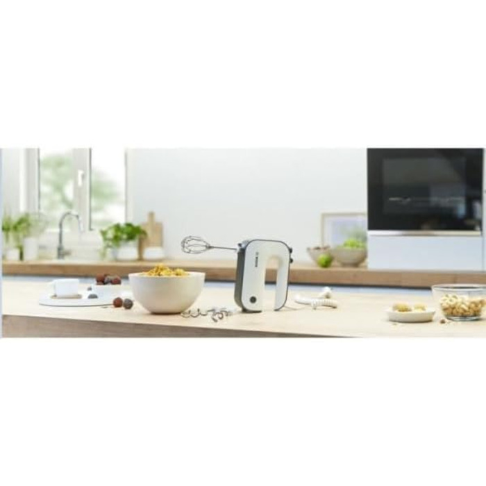 Bosch Hand Mixer Styline MFQ49700, 5 speeds, 2 stainless steel beaters and dough hooks, spiral cable, stainless steel mixing rod, 850 W, white/dark silver