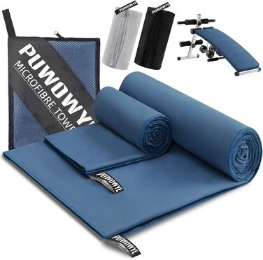 PUWOWYE Набір рушників з мікрофібри (2 шт.): великий 160x80 см + маленький 80x40 см, швидковисихаючі, для спорту, фітнесу, сауни, пляжу, подорожей та відпочинку на природі, блакитні