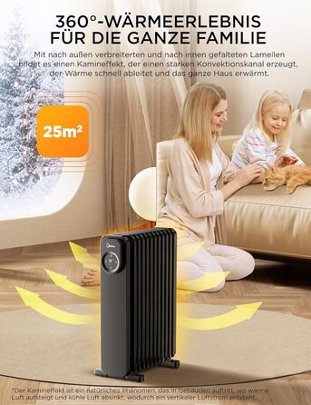 Електричний масляний радіатор Midea 2000W з 9 ребрами, термостатом та захистом від перегріву, тихий нагрівач для дому та офісу, чорний