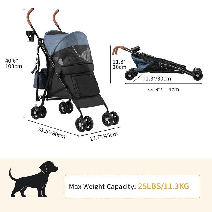 Візок для собак та котів DWVO, до 11,3 кг, складний, з подушкою та кошиком для зберігання, блакитно-чорний (45x80x103 см)