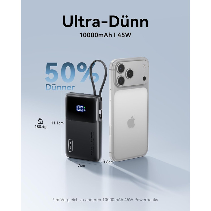 Повербанк INIU 45W 10000mAh з вбудованим кабелем USB-C, швидка зарядка для iPhone 16 17 Pro, Samsung S22, Xiaomi, iPad, чорний