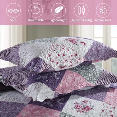 Qucover Комплект ковдри та покривала на двоспальне ліжко 220x240 см/230x250 см, стеганий, квітковий принт, фіолетовий