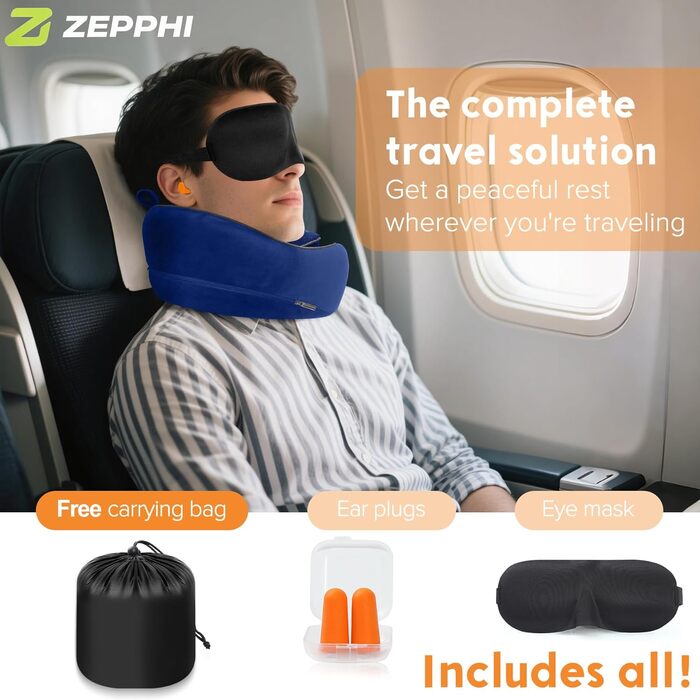 Подушка для шиї у літак, подушка для подорожей Memory Foam, подушка-вовчок для дорослих, ергономічна підтримка шиї з 3D-маскою для сну, навушниками, сумкою - ідеально для літака, авто, дому, офісу, блакитна подушка для сну