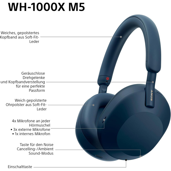 Навушники Sony WH-1000XM5 Bluetooth чорного кольору з шумозаглушенням та кейсом. Hi-Res Audio, до 30 год роботи, для iOS/Android