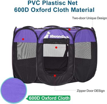 Клітка-манеж для тварин XhuangTech: собаки, коти, цуценята, 80x80x58,4 см, м'яка тканина, портативна, складна, для дому та вулиці, фіолетовий/чорний