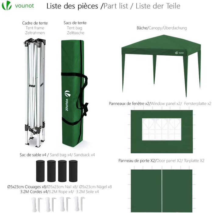 VOUNOT® Gazebo 3x3m with 4 Side Walls & 4 Sandbags, Pop Up Folding Gazebo, Foldable Garden Tent Party Tent, including Bag, Grey (Green + 4 Side Walls)