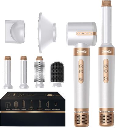 UKLISS Airstyler Pro 7-в-1: Фен-стайлер з авто-локоном, щіткою, випрямлячем, мультистайлером, зменшенням пуху, без екстремального нагріву, білий/золотий