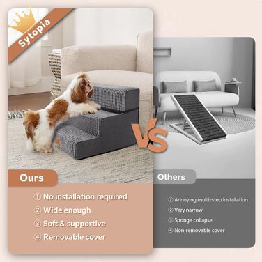 Sytopia Dog Stairs 40 cm high, 3 steps, Dog stairs for bed, sofa for small dogs, pet stairs washable, foam stairs, for injured older dogs (34cm height, Grey) (3 steps dog stairs (H:34CM), Foam (High-Density Memory) and Maize Velvet)