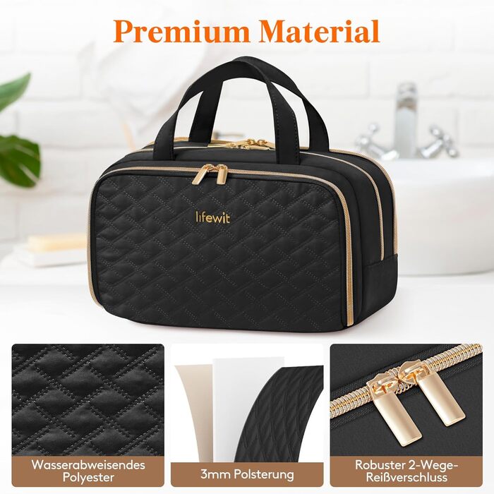 Жіноча дорожня косметичка Lifewit 5L, водовідштовхувальна косметичка з відділенням для мокрого одягу, органайзер для макіяжу, аксесуарів, шампуню та туалетних речей, чорна, M