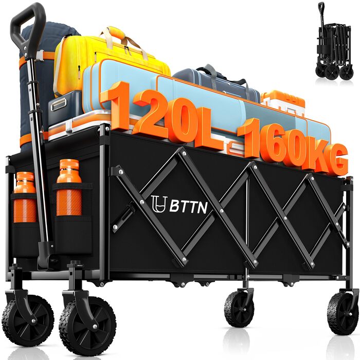 Складний візок-болерwagen BTTN 120л, вантажність 160кг (350lbs), чорний - для саду, кемпінгу, покупок та пікніків