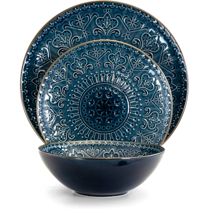 Набір посуду Elama Rund з 16 частин з емальованого фарфору, тиснення, океаново-блакитний та зелений, з коричневим контуром