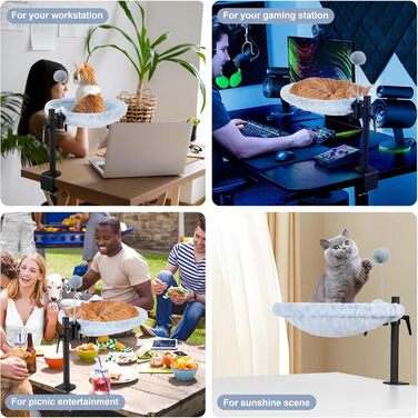 Кішка ліжко на стіл Odoland - 360° обертається та регулюється по висоті, м'яка гамак для котів з 2 знімними чохлами, місце для сну для дому/офісу - для цілорічного використання (Сірий)