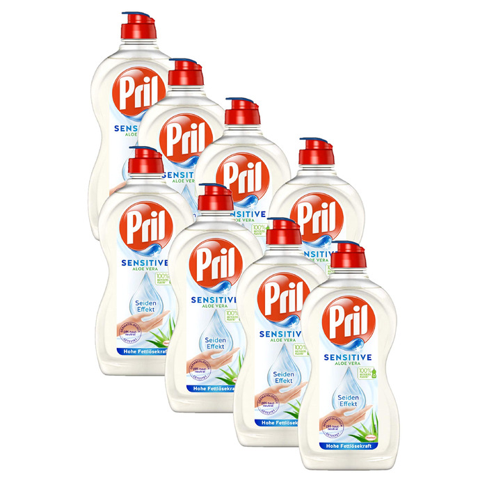 Засіб для миття посуду вручну Pril Sensitive Aloe Vera, pH-нейтральний з ефектом шовку, 8 x 450 мл