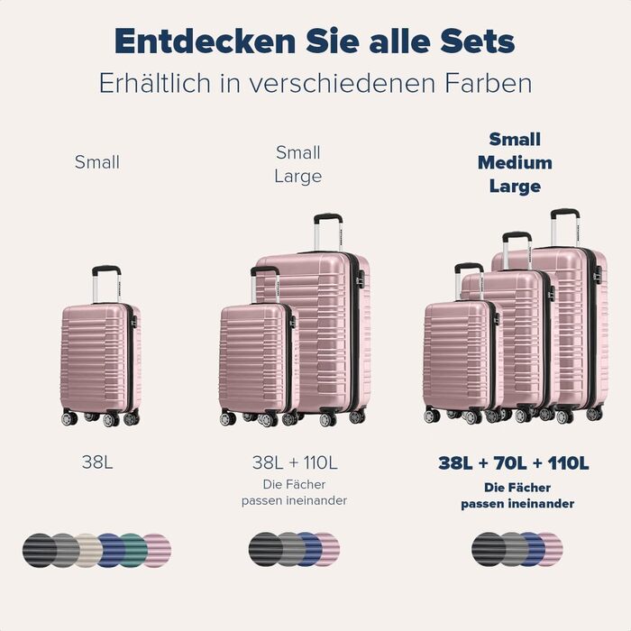 Набір валіз TRVLMORE 3 в 1: маленька, середня, велика, сірий колір, з рожевим золотом, з жорсткою оболонкою, 55x40x20 см (ручна поклажа)