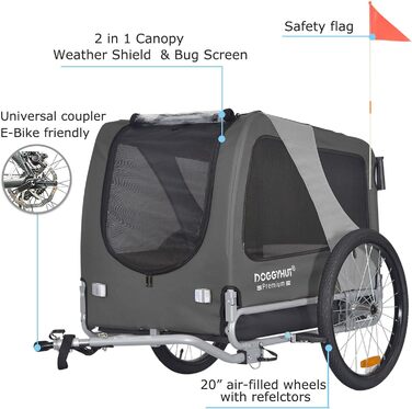 DOGGYHUT® Преміум великий 2 в 1 велосипедний причіп для собак та візок-бігунка. Великий об'єм 270 літрів для середніх та великих собак до 35 кг (сірий / чорний)