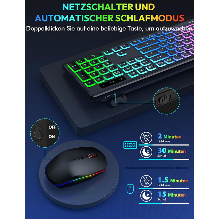 Бездротова клавіатура та миша з підсвічуванням, USB-C, тиха, для Mac/Windows/PC/Laptop, QWERTY (Чорний)