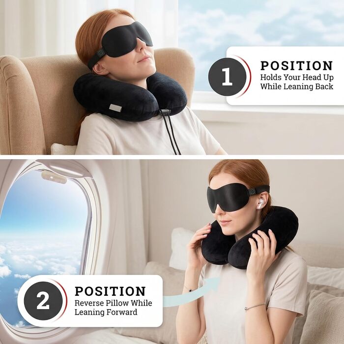 Подушка для подорожей AERIS з ефектом пам'яті (Memory Foam) з плюшевим велюровим чохлом та сумкою для транспортування — ергономічна подушка для шиї в літак, авто, поїзд